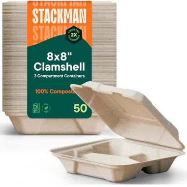Stack Man 8x8 Natural Brown Compartment Clamshells, 50-Pack