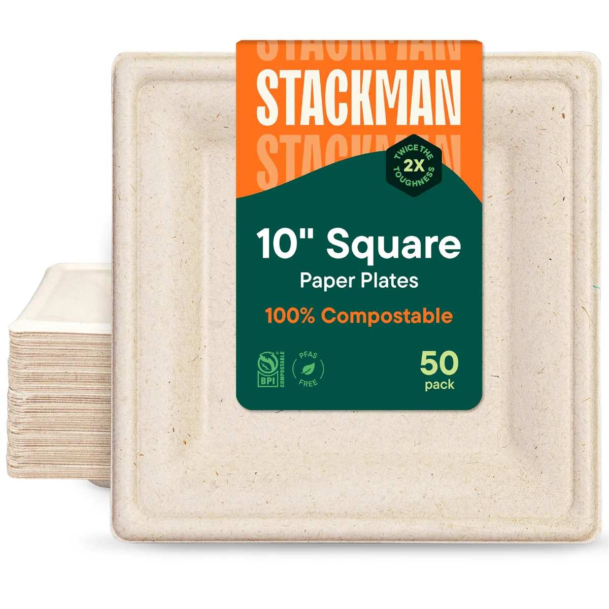 A stack of square bagasse plates beside one on its edge
