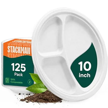 Stack Man 10-Inch White 3-Compartment Trays, 125-Pack