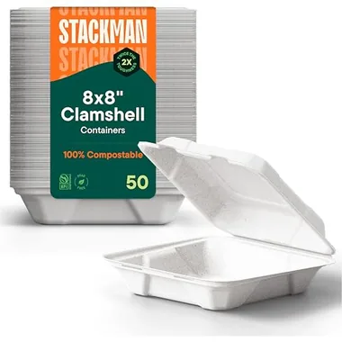 Stack Man 8x8 White Hinged Clamshells, 50-Pack