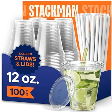 Stack Man 12 oz Cup, Lid & Straw Sets, 100-Pack