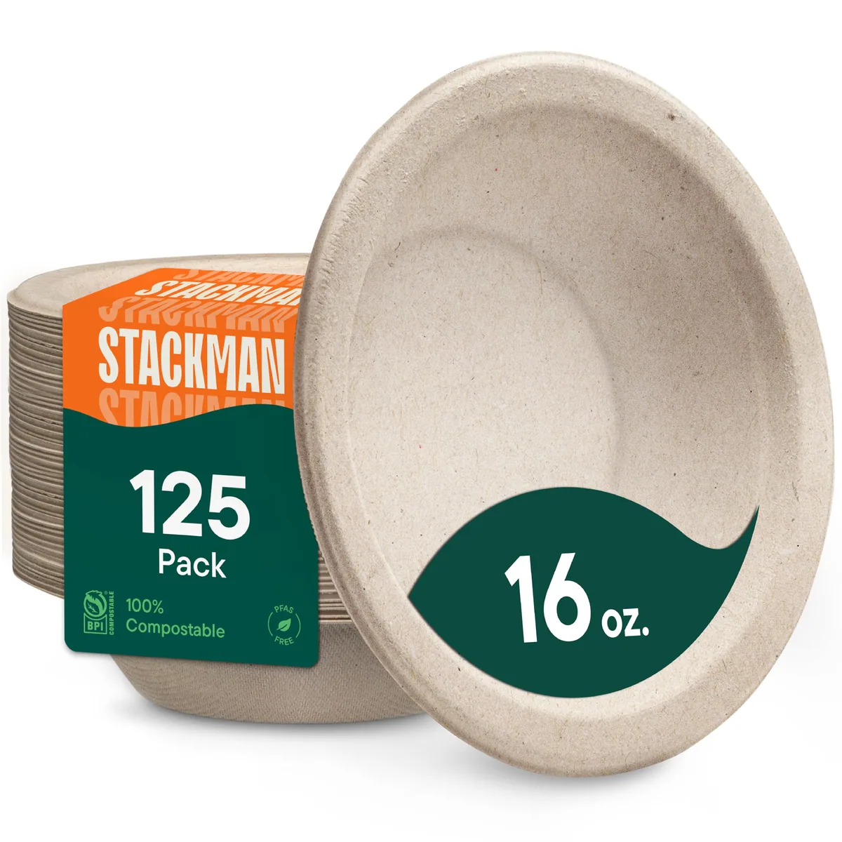 A stack of Stack Man bagasse bowls beside a single bowl