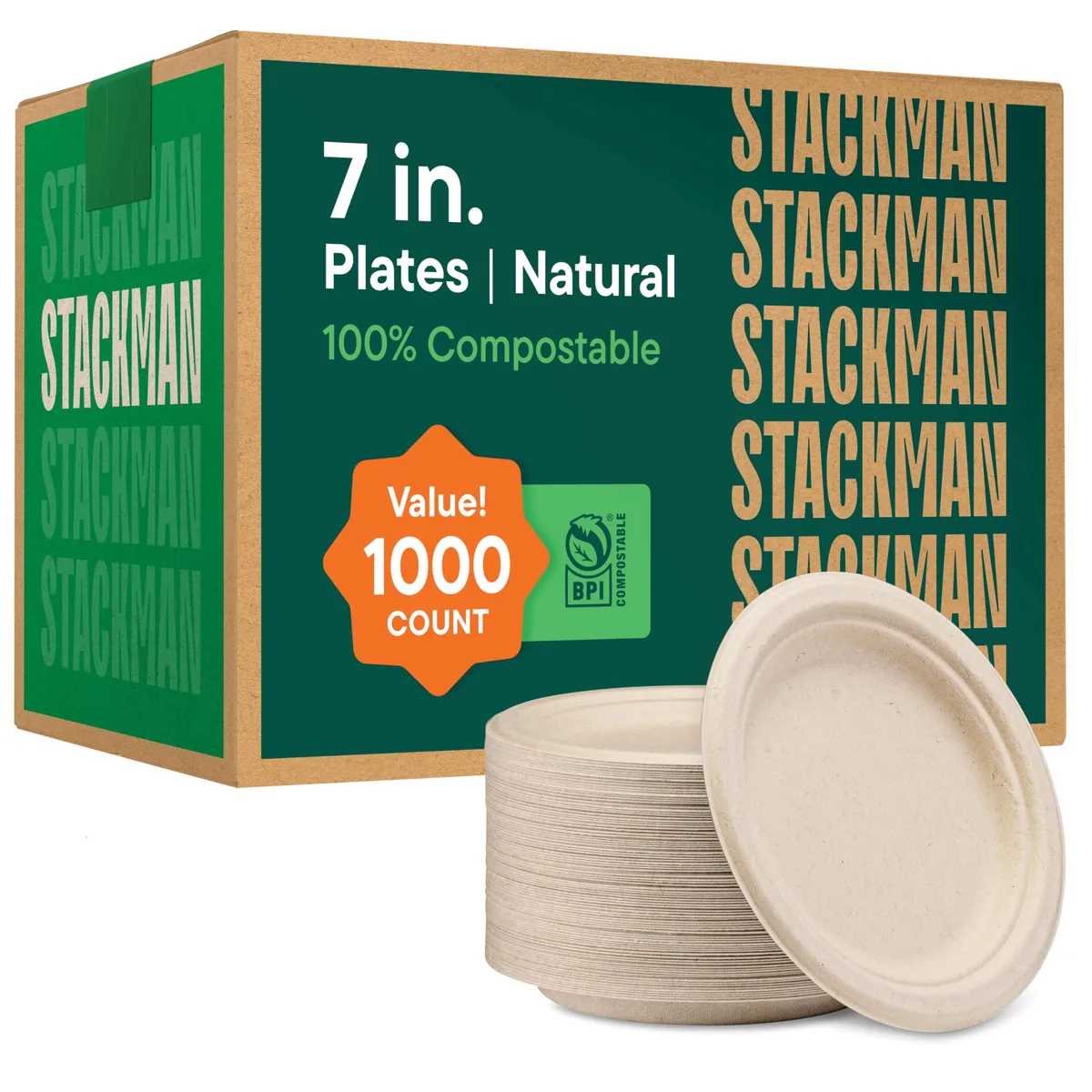 A bulk carton of bagasse plates beside a loose stack