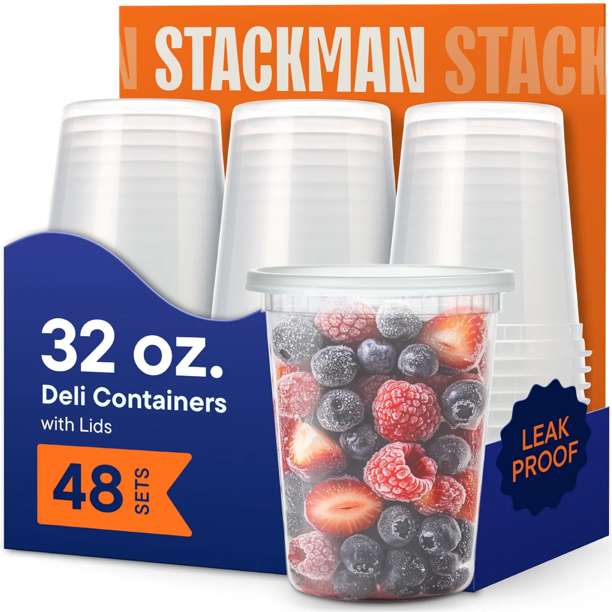 A clear deli container of berries beside a stack of empty containers
