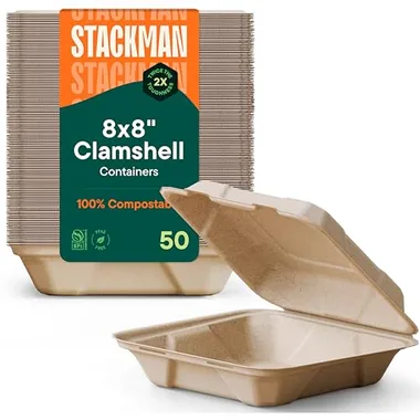 Stack Man 8x8 Hinged Clamshells, 50-Pack