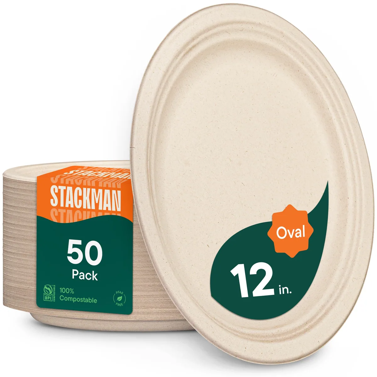 Oval bagasse platters stacked