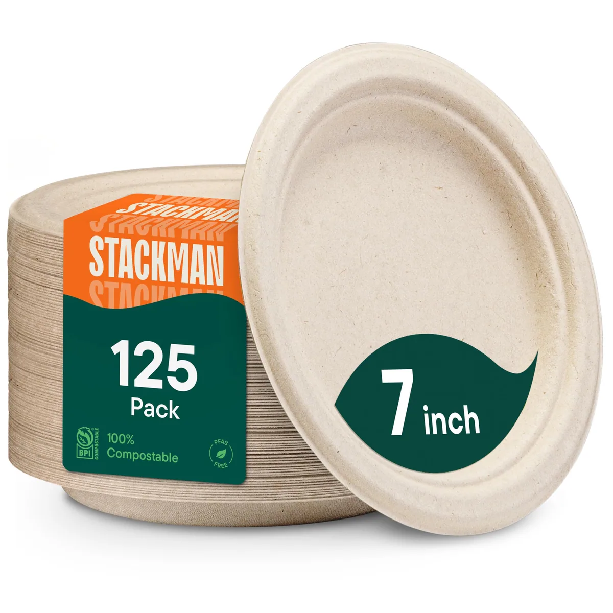 A stack of round bagasse plates beside one on its edge