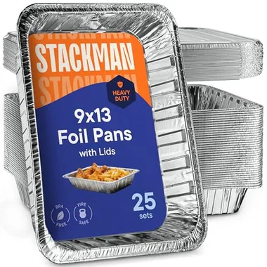 Stack Man 9x13 Silver Foil Pan & Lid Sets, 25-Pack