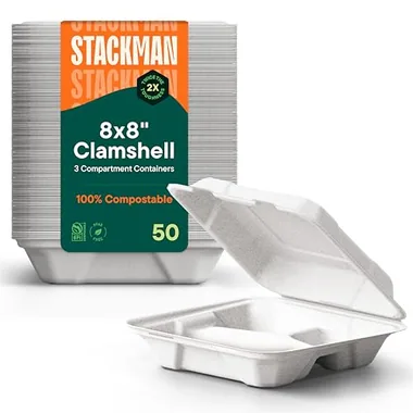 Stack Man 8x8x3 White Meal Prep Clamshells, 50-Pack