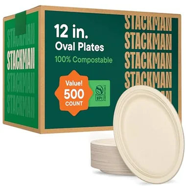 Stack Man 12.5-Inch Natural Brown Oval Platters, 500-Pack
