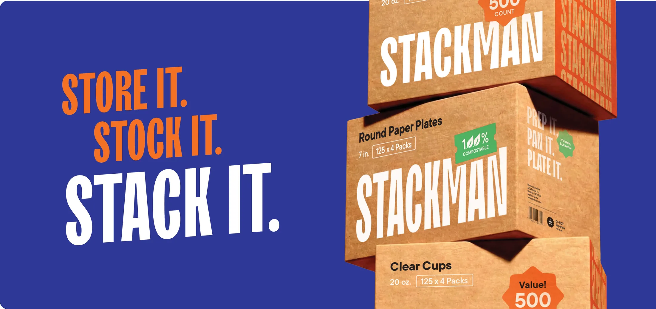 Stack Man boxes stacked, with the words store it, stock it, stack it