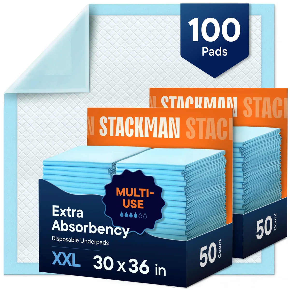 Stacks of disposable underpads in two sizes