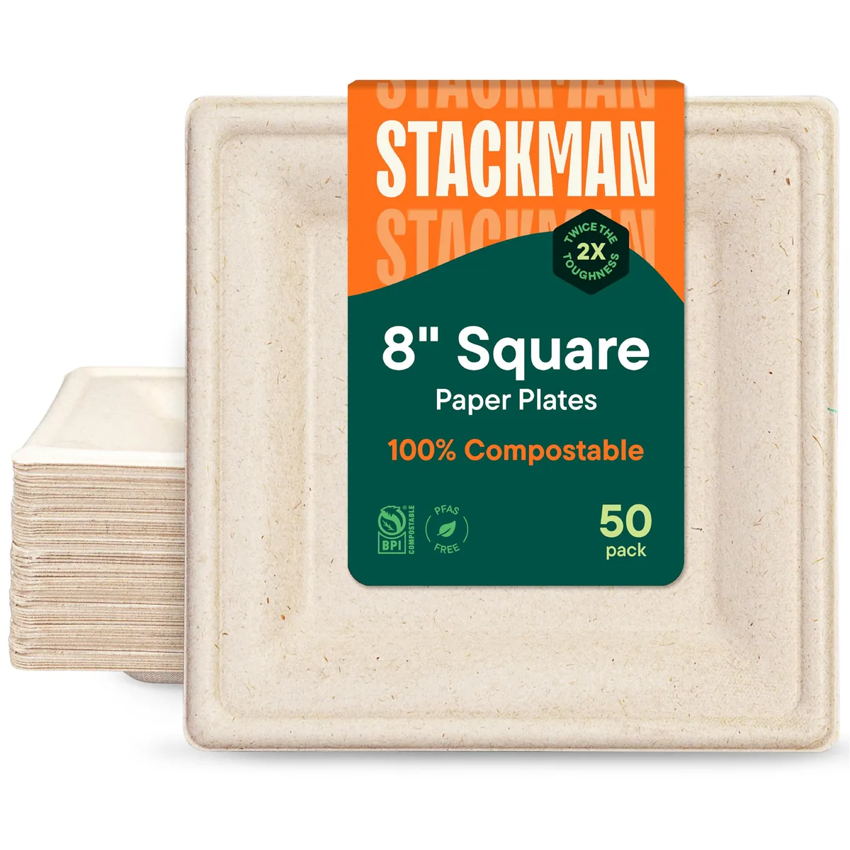 A stack of square bagasse plates beside a single plate