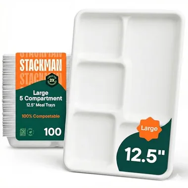 Stack Man 12.5-Inch White 5-Compartment Lunch Trays, 100-Pack