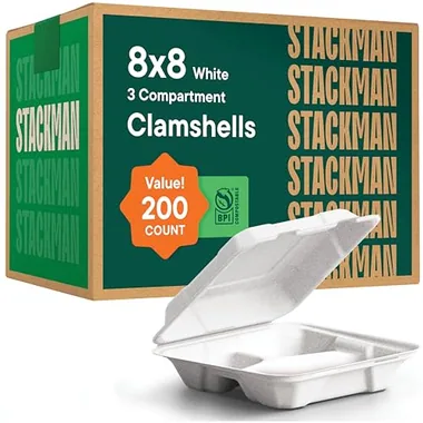 Stack Man 8x8 White Compartment Clamshells, 200-Pack